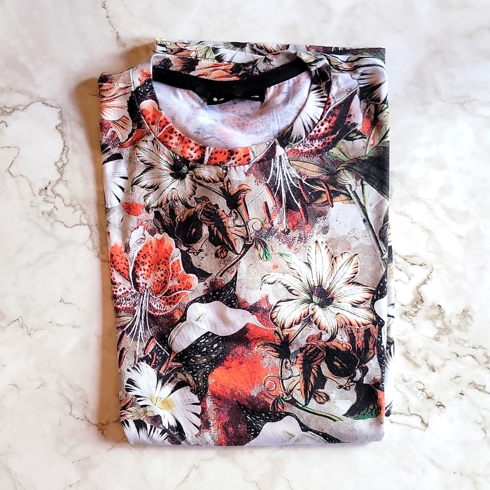 iEDM Men's XS extra small tshirt orange and white floral print